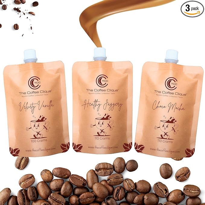 Healthy Jaggery (110g) + Choco Mocha (110g) + Velvety Vanilla (100g) Spout | Pack of 3 | 320 Grams Healthy Jaggery (110g) + Choco Mocha (110g) + Velvety Vanilla (100g) Spout | Pack of 3 | 320 Grams